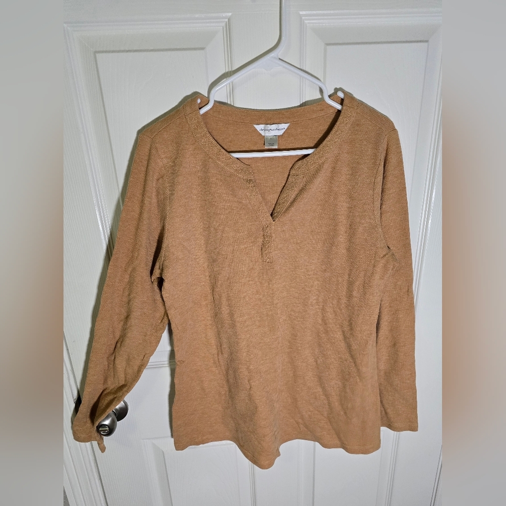 Christopher & Banks Womens Tan Waffle Y2K V Neck Long Sleeve Top - Picture 10 of 10